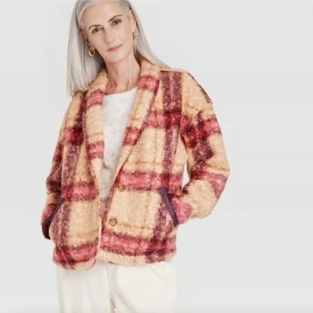 KNOX ROSE Teddy Jacket Large Beige Plaid Womens Fleece Cozy Coat NWOT